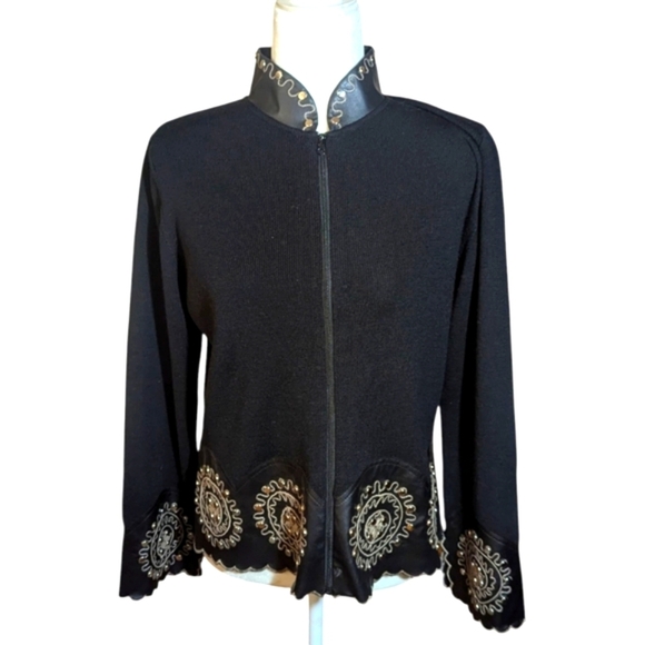 Victor Costa Designer Black Wool/Vegan Leather Embroidered Studded Jacket Sz S - Picture 9 of 12